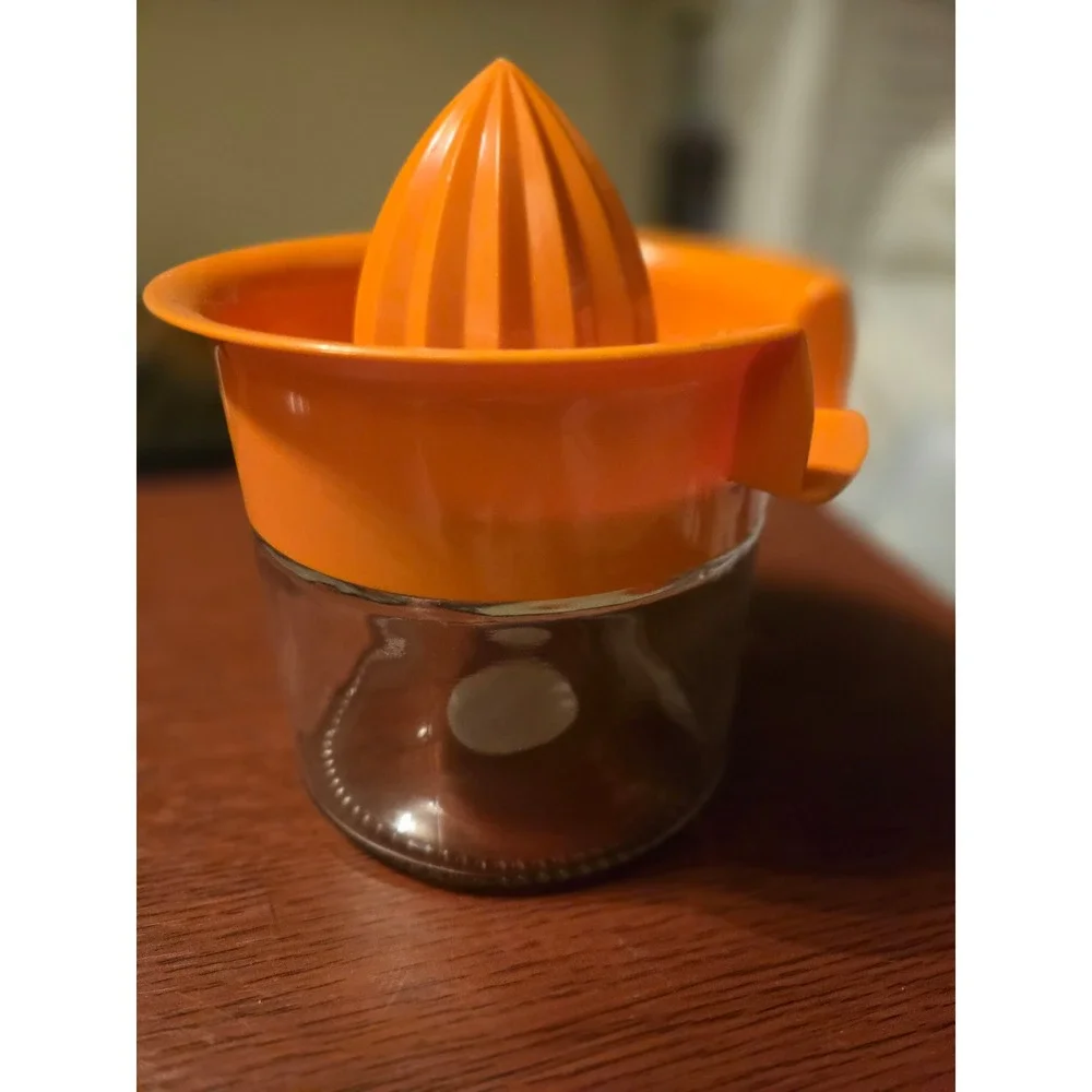 Vintage Orange Plastic Manual Citrus Juicer with Clear Glass Jar Collection Base